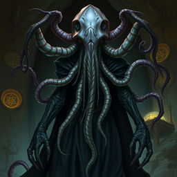 A detailed and eerie depiction of a mind flayer, a monstrous humanoid with a squid-like head, long tentacles, and dark, menacing robes