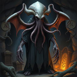 A detailed and eerie depiction of a mind flayer, a monstrous humanoid with a squid-like head, long tentacles, and dark, menacing robes