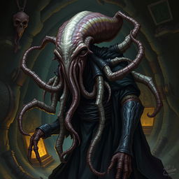 A detailed and eerie depiction of a mind flayer, a monstrous humanoid with a squid-like head, long tentacles, and dark, menacing robes