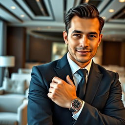 A professional businessman wearing a sleek suit, confidently showcasing a stylish watch on his wrist