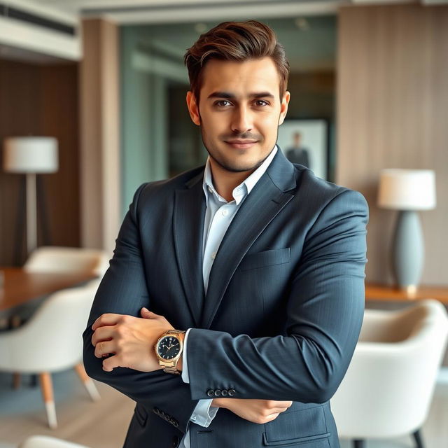 A professional businessman wearing a sleek suit, confidently showcasing a stylish watch on his wrist