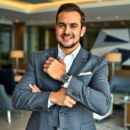 A professional businessman wearing a sleek suit, confidently showcasing a stylish watch on his wrist