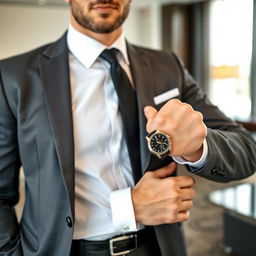 A professional businessman wearing a sleek suit, confidently showcasing a stylish watch on his wrist