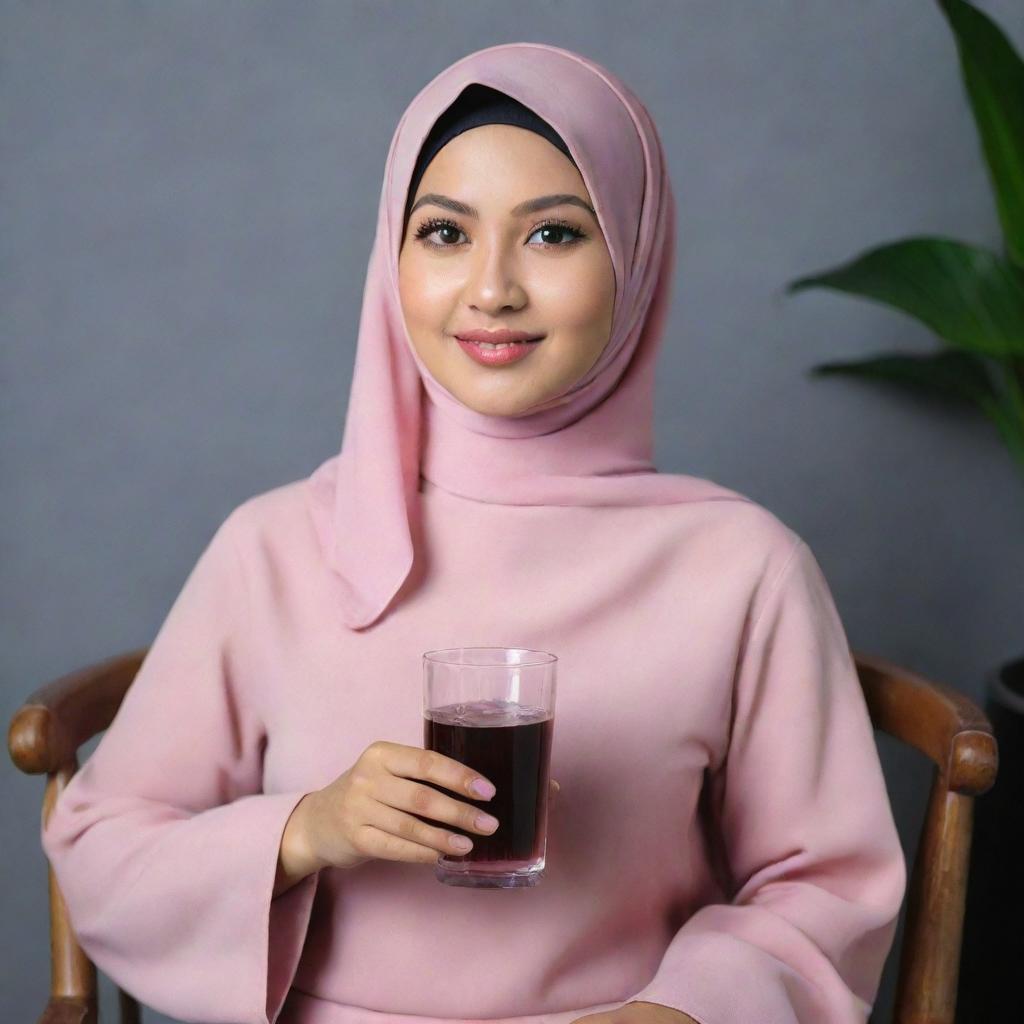 A beautiful Malay woman wearing a pink hijab and a stylish blouse, sitting gracefully on a chair. In her hand, she holds a glass filled with a dark brown beverage