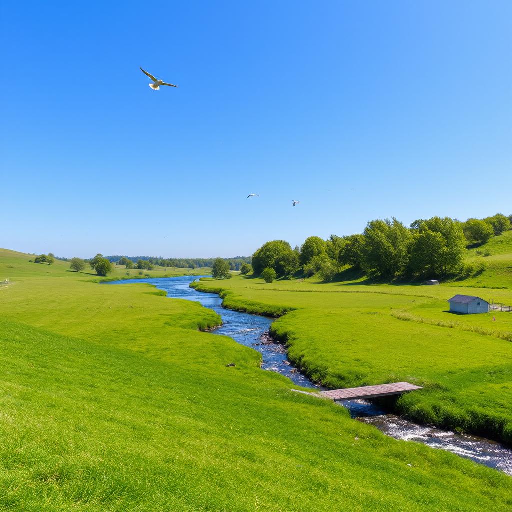 A serene landscape with a clear blue sky, lush green meadows, and a sparkling river flowing through