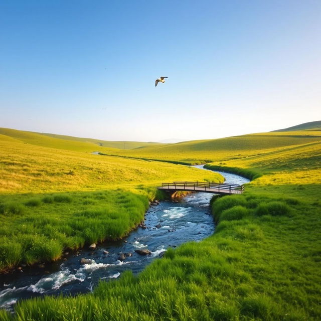 A serene landscape with a clear blue sky, lush green meadows, and a sparkling river flowing through