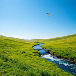 A serene landscape with a clear blue sky, lush green meadows, and a sparkling river flowing through