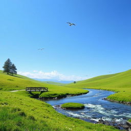 A serene landscape with a clear blue sky, lush green meadows, and a sparkling river flowing through