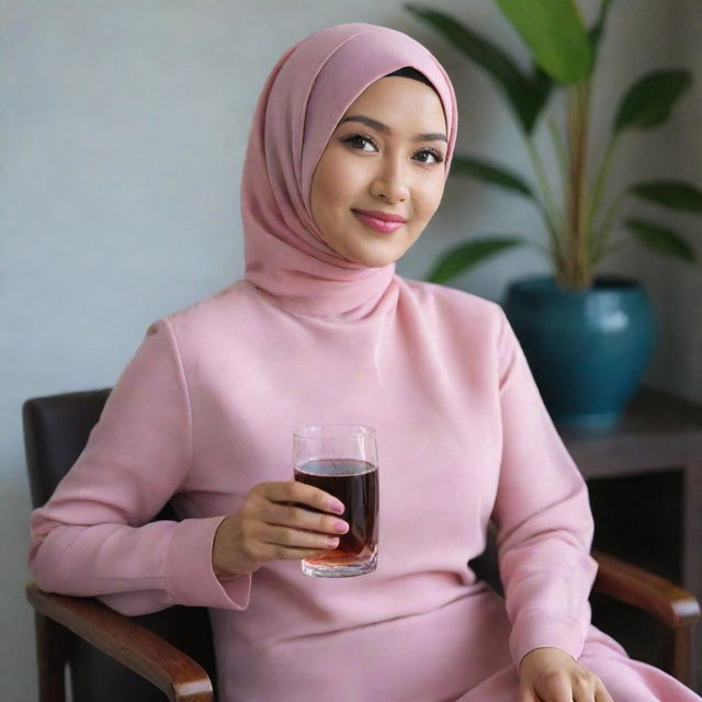 A beautiful Malay woman wearing a pink hijab and a stylish blouse, sitting gracefully on a chair. In her hand, she holds a glass filled with a dark brown beverage