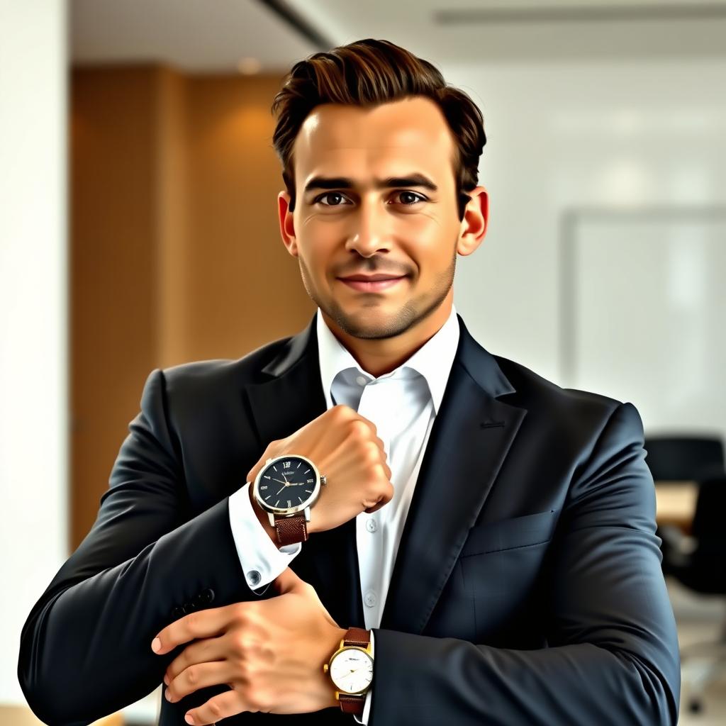 A professional businessman wearing a sleek suit, confidently showcasing a stylish watch on his wrist