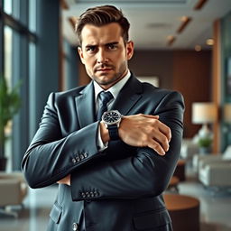 A professional businessman wearing a sleek suit, confidently showcasing a stylish watch on his wrist