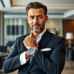 A professional businessman wearing a sleek suit, confidently showcasing a stylish watch on his wrist