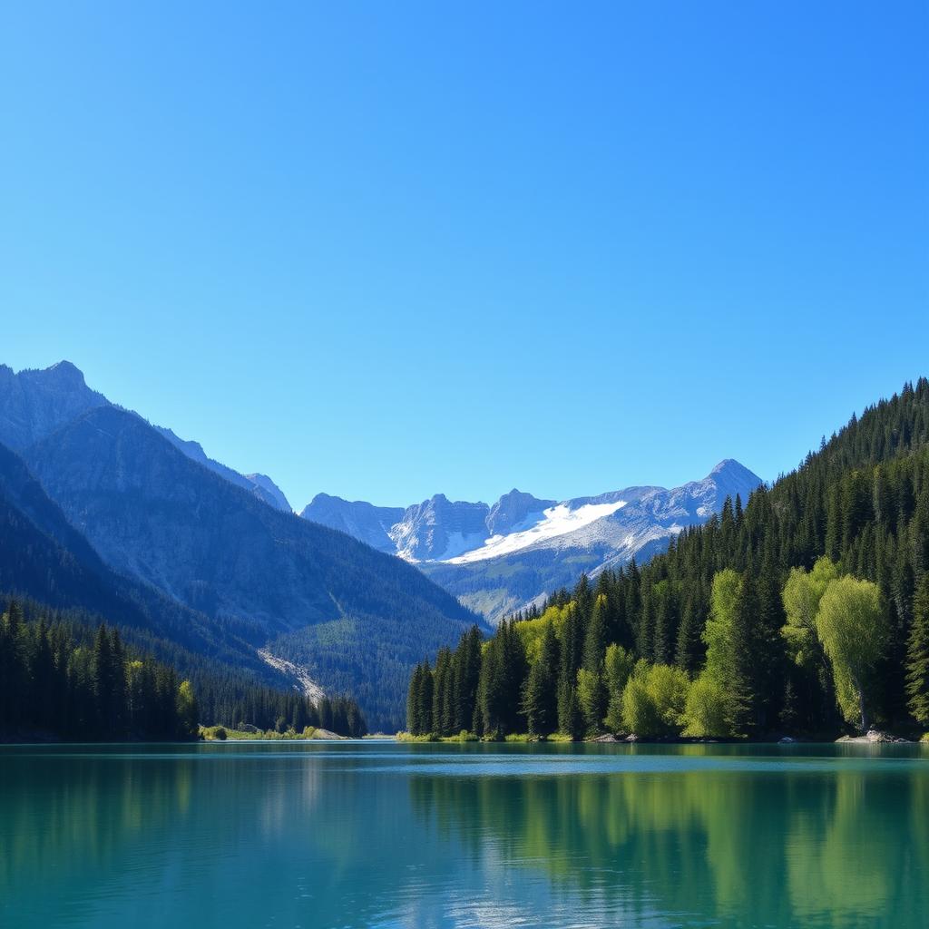 A beautiful landscape featuring a serene lake surrounded by lush green trees and mountains in the background under a clear blue sky