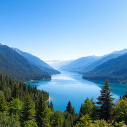 A beautiful landscape featuring a serene lake surrounded by lush green trees and mountains in the background under a clear blue sky