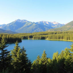 A beautiful landscape featuring a serene lake surrounded by lush green trees and mountains in the background under a clear blue sky