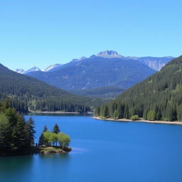 A beautiful landscape featuring a serene lake surrounded by lush green trees and mountains in the background under a clear blue sky