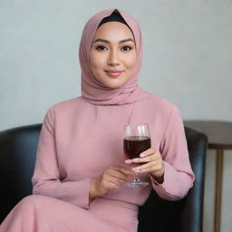 A beautiful Malay woman wearing a pink hijab and a stylish blouse, sitting gracefully on a chair. In her hand, she holds a glass filled with a dark brown beverage