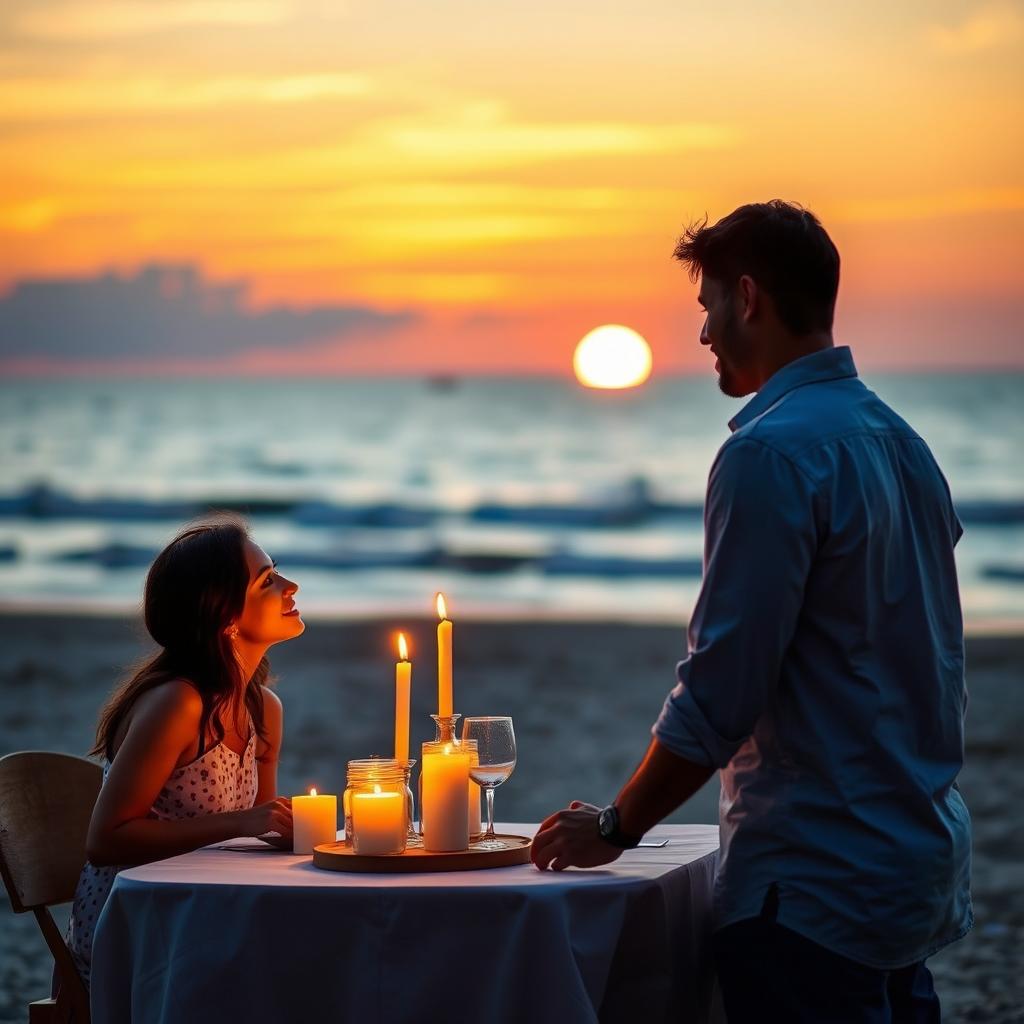 A romantic scene featuring a couple having a candlelight dinner by the beach