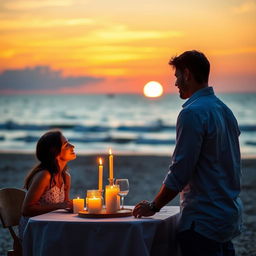 A romantic scene featuring a couple having a candlelight dinner by the beach