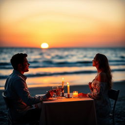 A romantic scene featuring a couple having a candlelight dinner by the beach