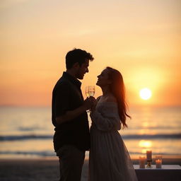 A romantic scene featuring a couple having a candlelight dinner by the beach