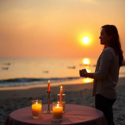 A romantic scene featuring a couple having a candlelight dinner by the beach