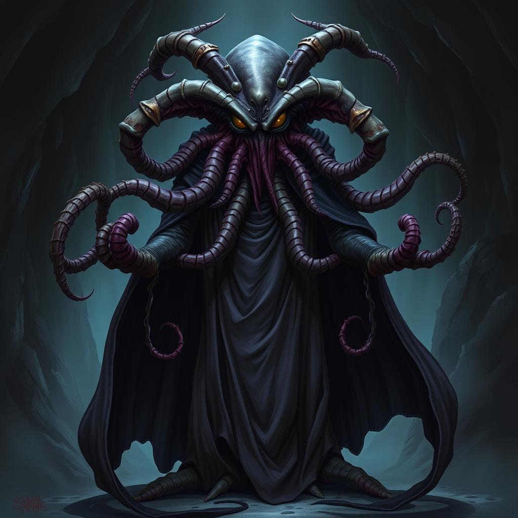 A mind flayer with the head of a beholder, wearing a flowing, dark cape