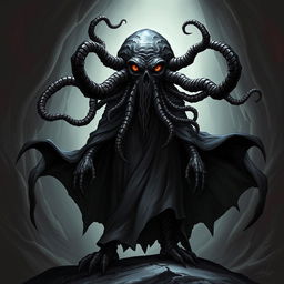 A mind flayer with the head of a beholder, wearing a flowing, dark cape