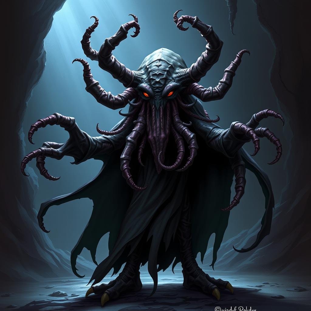 A mind flayer with the head of a beholder, wearing a flowing, dark cape