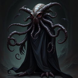 A mind flayer with the head of a beholder, wearing a flowing, dark cape