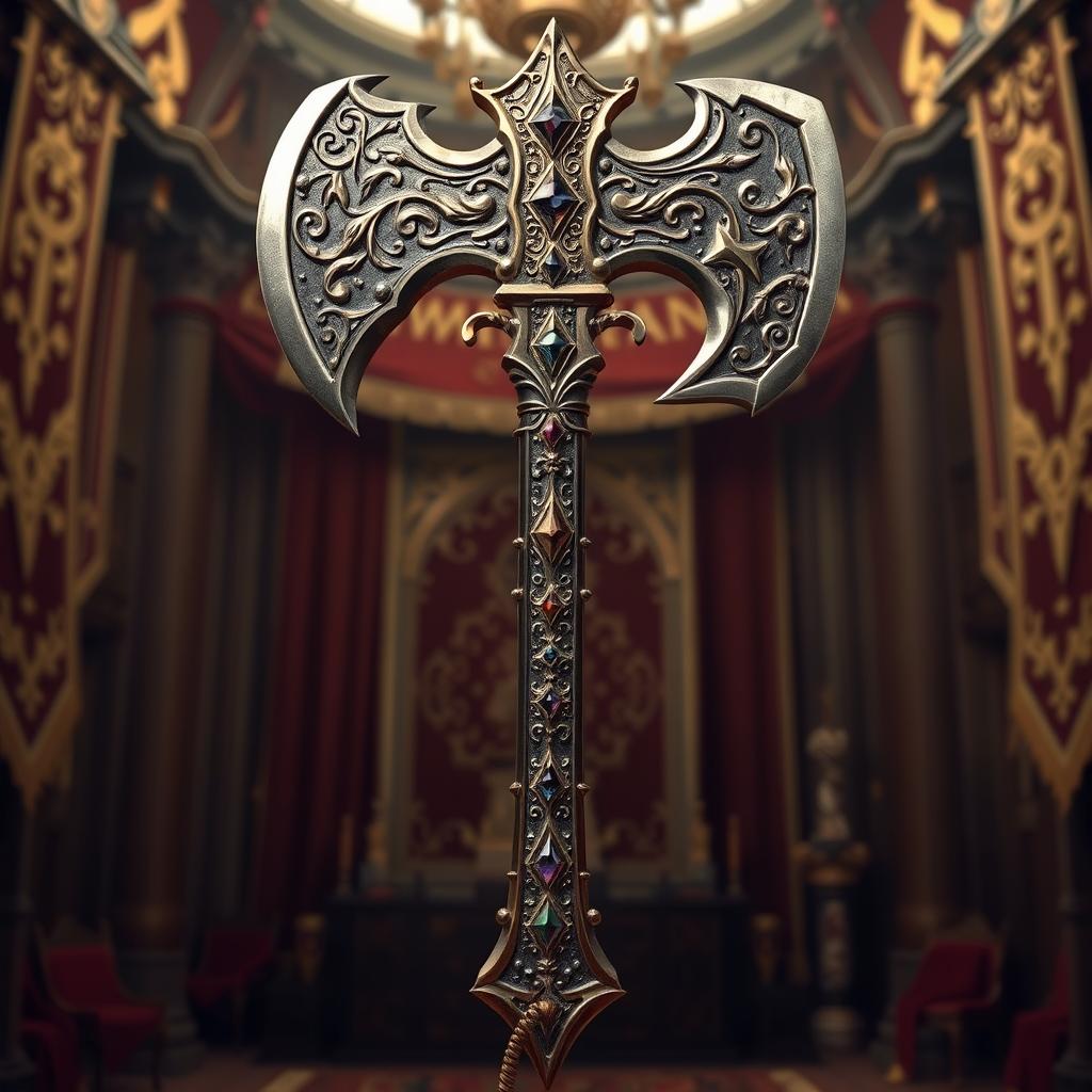 A majestic king's axe with intricate designs on the blade and handle