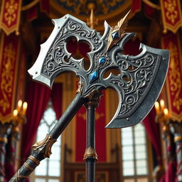 A majestic king's axe with intricate designs on the blade and handle