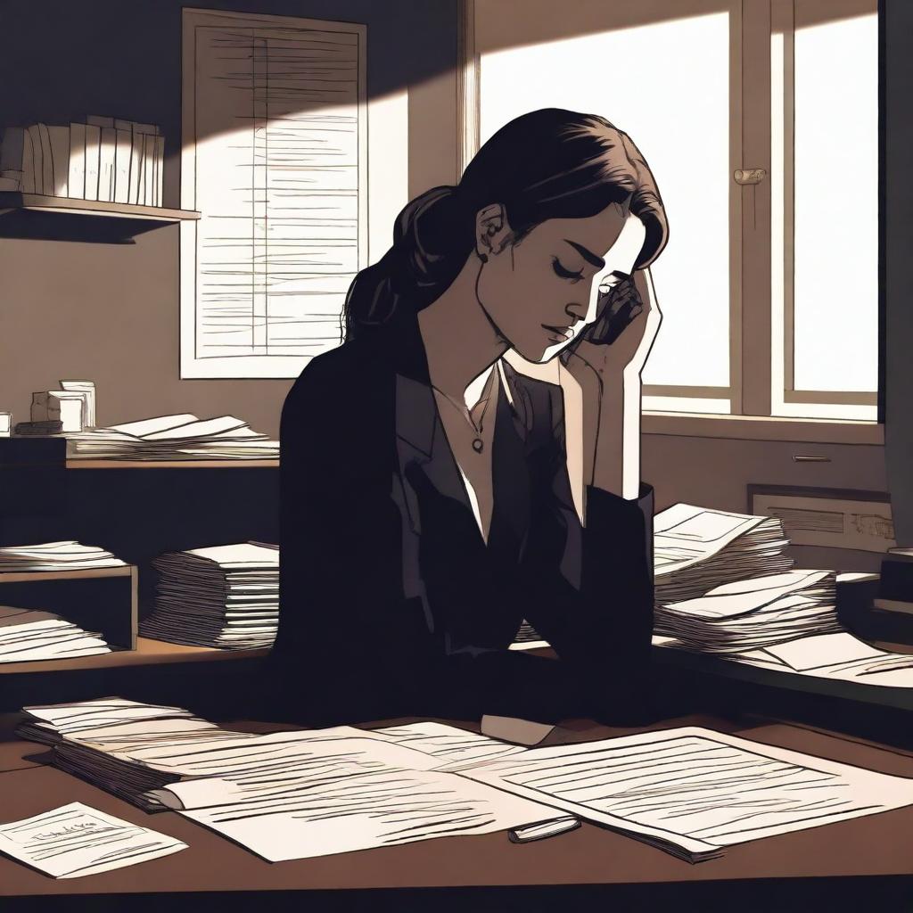 A dark psychologist's office featuring a young adult woman with her head resting on the desk