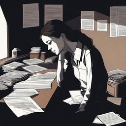 A dark psychologist's office featuring a young adult woman with her head resting on the desk