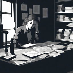 A dark psychologist's office featuring a young adult woman with her head resting on the desk