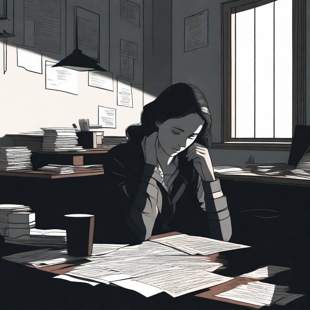 A dark psychologist's office featuring a young adult woman with her head resting on the desk