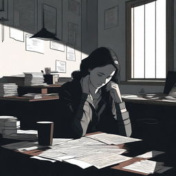 A dark psychologist's office featuring a young adult woman with her head resting on the desk