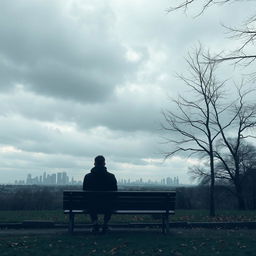 A person sitting alone on a park bench under a cloudy sky, looking lost in thought