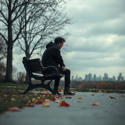 A person sitting alone on a park bench under a cloudy sky, looking lost in thought