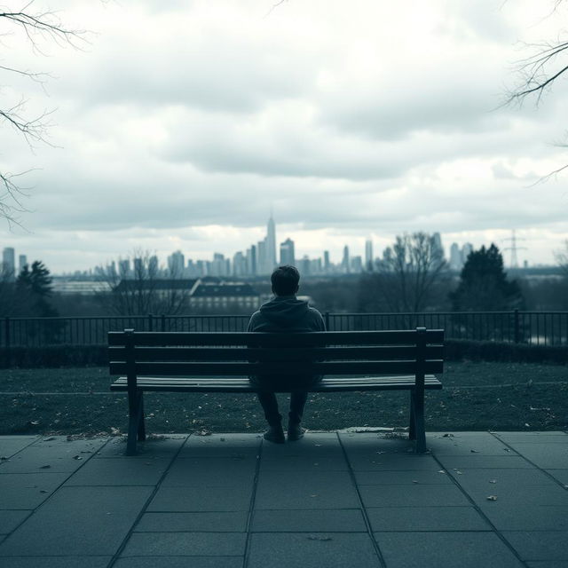 A person sitting alone on a park bench under a cloudy sky, looking lost in thought