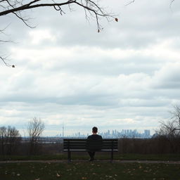 A person sitting alone on a park bench under a cloudy sky, looking lost in thought