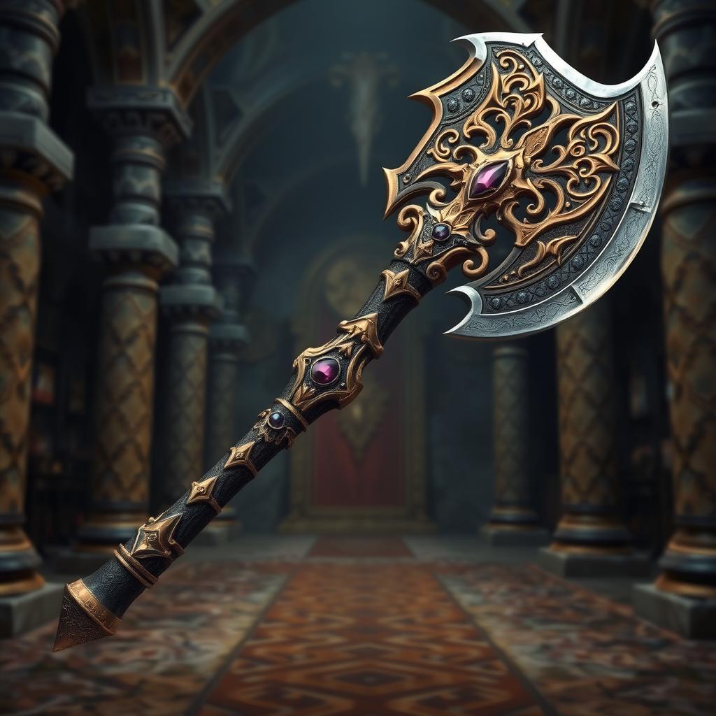 A majestic dwarven king's axe with intricate designs on the blade and handle