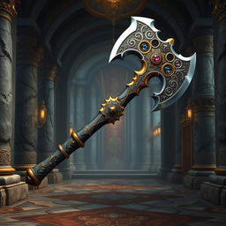 A majestic dwarven king's axe with intricate designs on the blade and handle