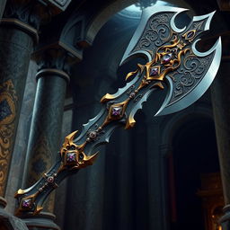 A majestic dwarven king's axe with intricate designs on the blade and handle