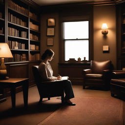 A dimly lit psychologist's office featuring a young adult woman