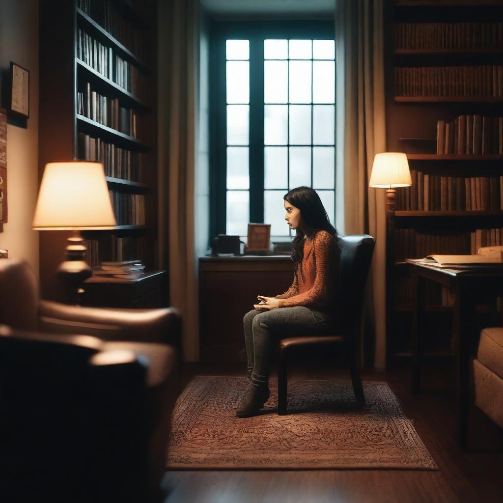 A dimly lit psychologist's office featuring a young adult woman