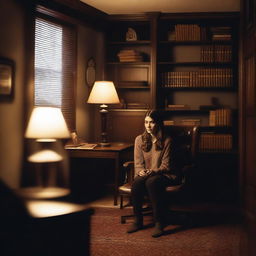 A dimly lit psychologist's office featuring a young adult woman