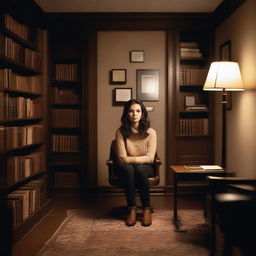 A dimly lit psychologist's office featuring a young adult woman