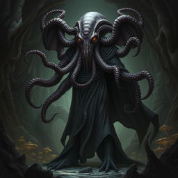 A mind flayer aberration with the head of a beholder, wearing a flowing, dark cape