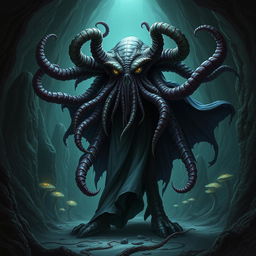 A mind flayer aberration with the head of a beholder, wearing a flowing, dark cape